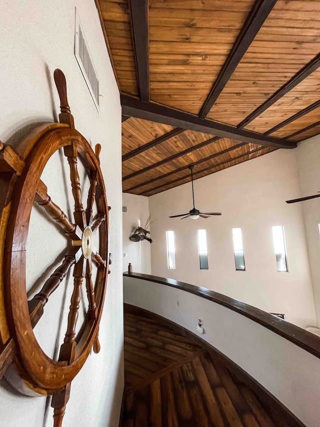 116 Summerall Dr, Mabank, TX 75156 - detailed view of wooden ceiling with exposed beams, ceiling fan, and wood finished floors