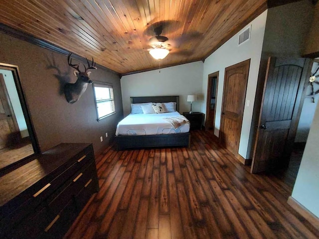 116 Summerall Dr, Mabank, TX 75156 - bedroom with dark wood-type flooring, wooden ceiling, baseboards, lofted ceiling, and a ceiling fan