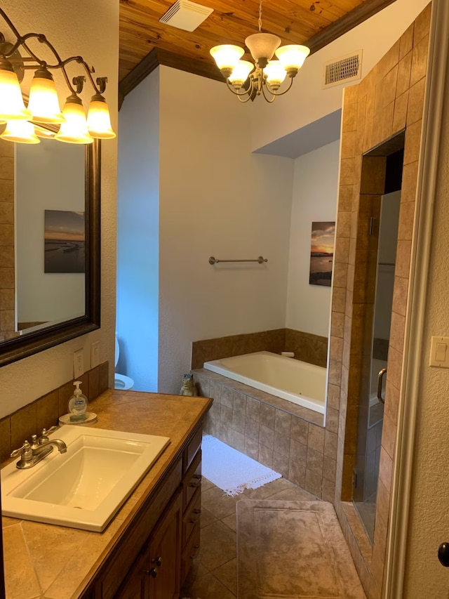 116 Summerall Dr, Mabank, TX 75156 - full bath featuring a chandelier, wooden ceiling, vanity, a bath, and tile patterned flooring