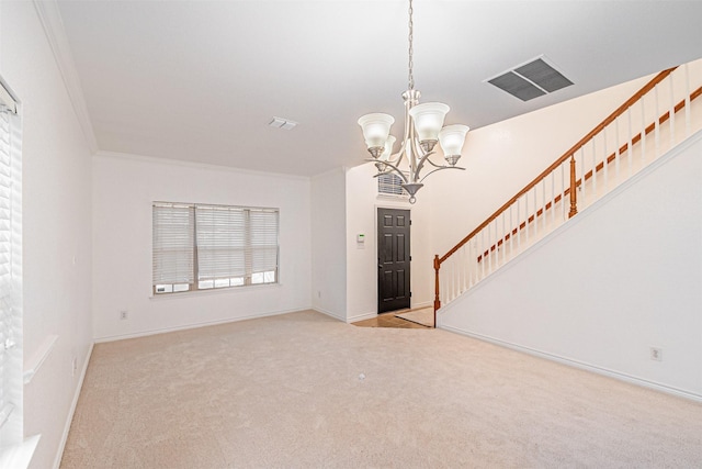 6547 Portside Ridge Ln, Dallas, TX 75249 - unfurnished living room with carpet floors, a chandelier, stairs, and baseboards