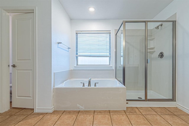 6547 Portside Ridge Ln, Dallas, TX 75249 - full bathroom featuring tile patterned flooring, a stall shower, a bath, and recessed lighting