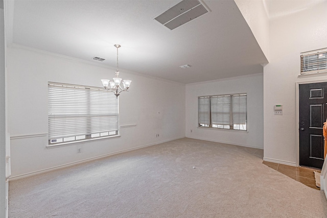 6547 Portside Ridge Ln, Dallas, TX 75249 - unfurnished room with light colored carpet, a chandelier, ornamental molding, and baseboards