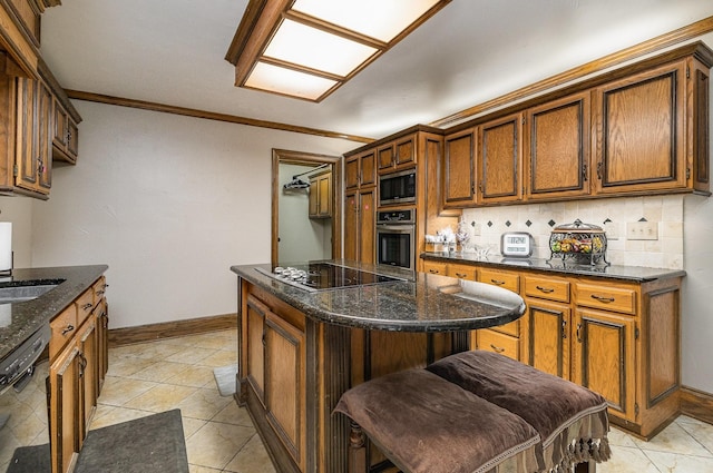3313 Conlin Dr, Rowlett, TX 75088 - kitchen featuring black appliances, baseboards, tasteful backsplash, crown molding, and brown cabinetry