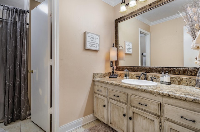 3313 Conlin Dr, Rowlett, TX 75088 - bathroom featuring ornamental molding, tile patterned flooring, and vanity