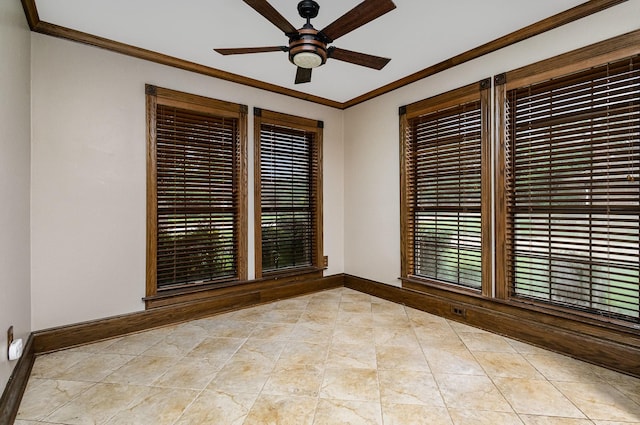 3313 Conlin Dr, Rowlett, TX 75088 - spare room featuring a ceiling fan, ornamental molding, plenty of natural light, and baseboards