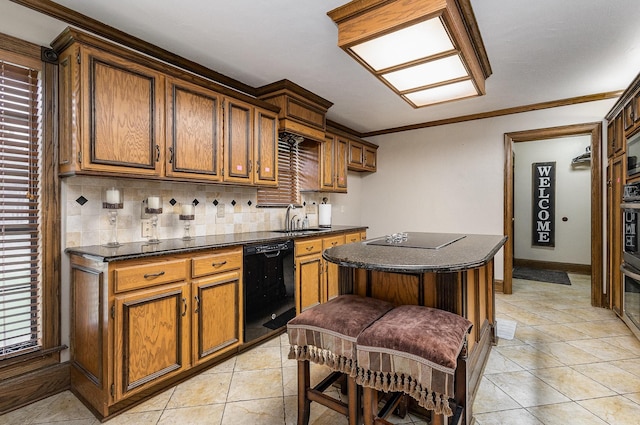3313 Conlin Dr, Rowlett, TX 75088 - kitchen with black appliances, a sink, tasteful backsplash, crown molding, and light tile patterned floors
