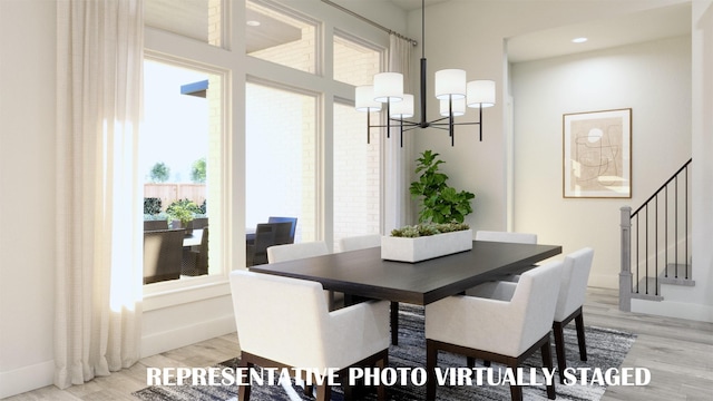990 Stargrass Dr, Allen, TX 75013 - dining room with a chandelier, light wood finished floors, stairway, baseboards, and recessed lighting