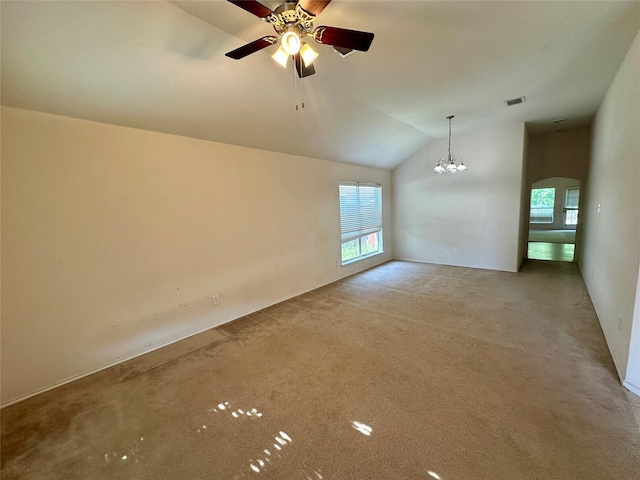 4821 Topaz Ln, Granbury, TX 76049 - spare room with lofted ceiling, carpet floors, plenty of natural light, arched walkways, and ceiling fan