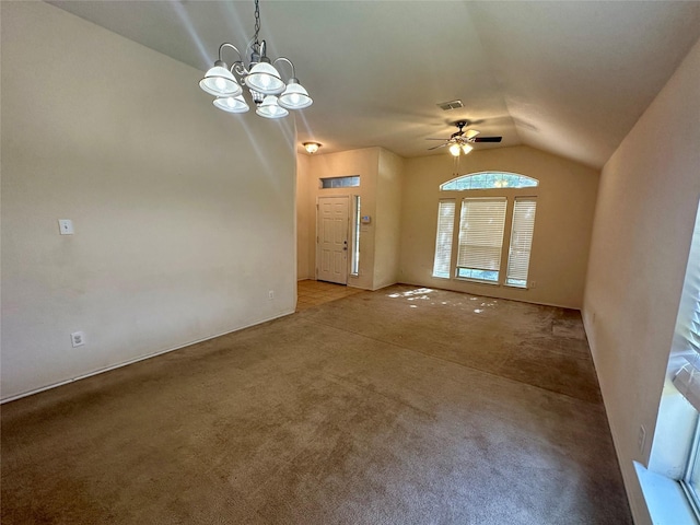 4821 Topaz Ln, Granbury, TX 76049 - unfurnished living room with vaulted ceiling, a chandelier, a ceiling fan, and carpet floors