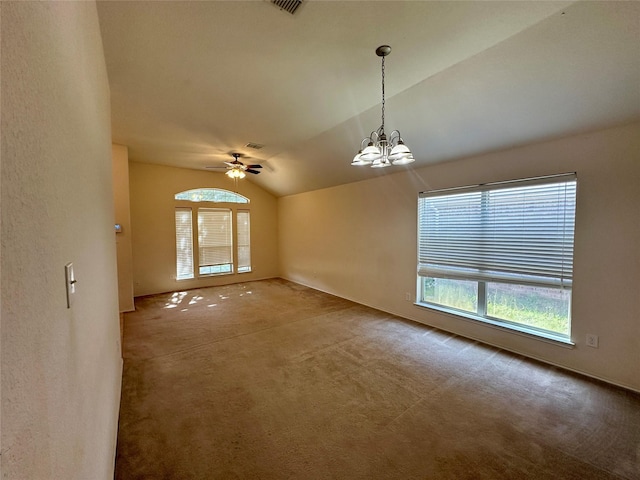 4821 Topaz Ln, Granbury, TX 76049 - carpeted empty room featuring vaulted ceiling, a chandelier, ceiling fan, and baseboards