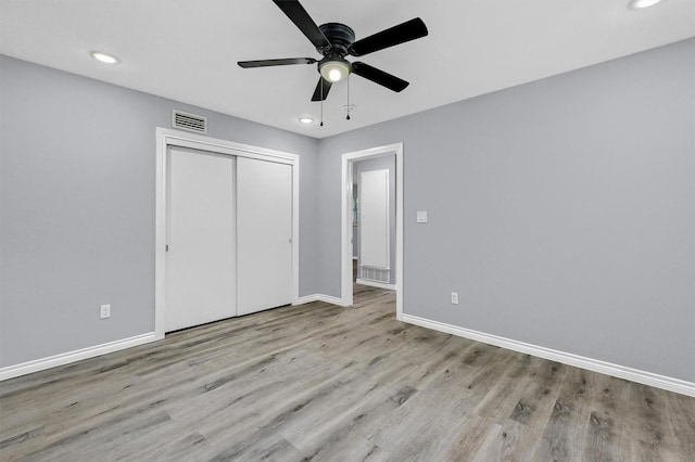 110 W Moore St, Sherman, TX 75090 - unfurnished bedroom featuring wood finished floors, baseboards, a closet, recessed lighting, and ceiling fan