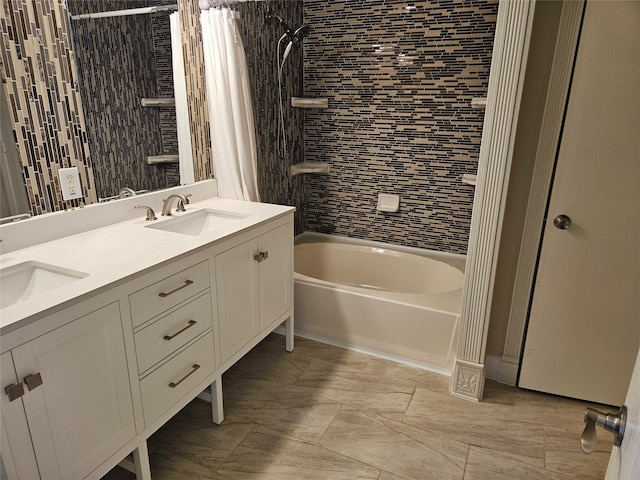 864 Fairview Dr, Krugerville, TX 76227 - bathroom featuring double vanity and shower / bath combination with curtain