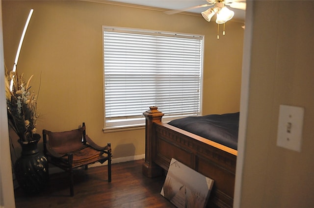 5328 Ira St N, Haltom City, TX 76117 - bedroom featuring dark wood-type flooring, baseboards, ornamental molding, and a ceiling fan