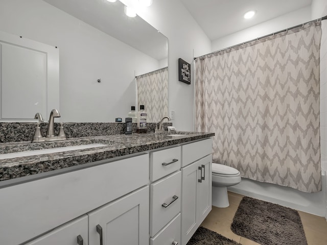 1409 Silver Marten Trl, Arlington, TX 76005 - full bathroom with double vanity, toilet, shower / bath combination with curtain, and tile patterned flooring
