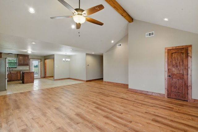 2790 Fairview Rd, Millsap, TX 76066 - unfurnished living room with a chandelier, ceiling fan, light wood finished floors, beamed ceiling, and high vaulted ceiling