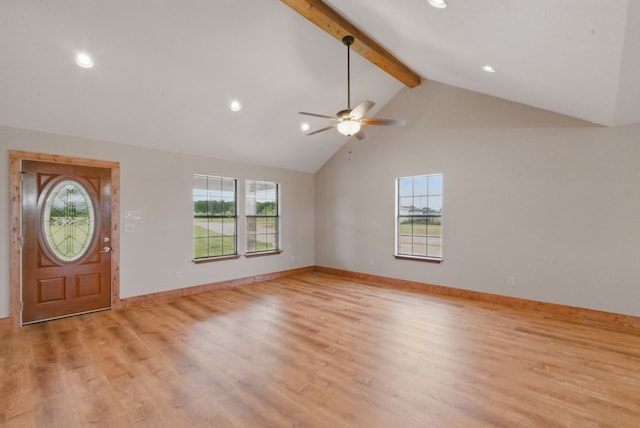 2790 Fairview Rd, Millsap, TX 76066 - entryway featuring beam ceiling, light wood finished floors, ceiling fan, recessed lighting, and high vaulted ceiling