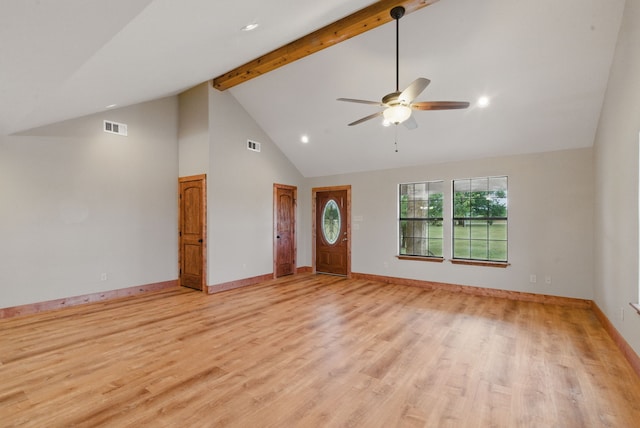 2790 Fairview Rd, Millsap, TX 76066 - unfurnished living room with beam ceiling, high vaulted ceiling, light wood-style flooring, a ceiling fan, and baseboards