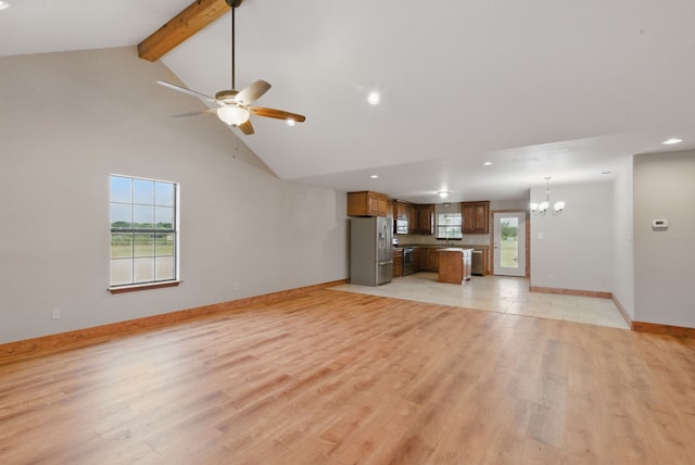 2790 Fairview Rd, Millsap, TX 76066 - unfurnished living room featuring a chandelier, beamed ceiling, light wood-type flooring, ceiling fan, and recessed lighting