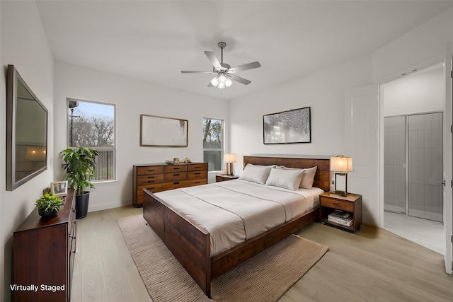 1016 Allegheny Ct, Burleson, TX 76028 - bedroom featuring multiple windows, light wood-style flooring, and a ceiling fan