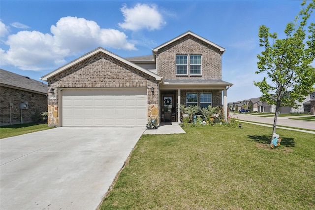 1943 Applewood Trl, Forney, TX 75126 - view of front of property with brick siding, a front yard, concrete driveway, and a garage
