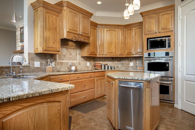 4816 Prairie Chapel Trl, Crandall, TX 75114 - kitchen featuring stainless steel appliances, a sink, ornamental molding, light stone counters, and decorative backsplash