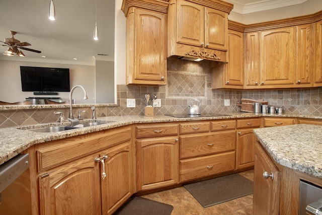 4816 Prairie Chapel Trl, Crandall, TX 75114 - kitchen with ceiling fan, a sink, crown molding, light stone countertops, and stainless steel dishwasher
