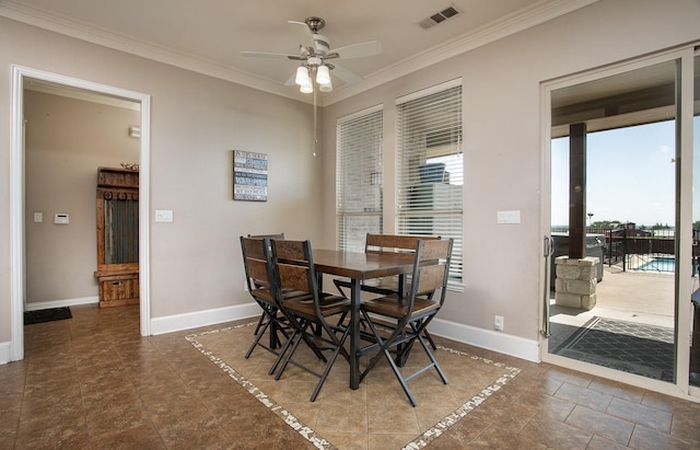 4816 Prairie Chapel Trl, Crandall, TX 75114 - dining area featuring ornamental molding, a ceiling fan, and baseboards