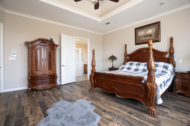 4816 Prairie Chapel Trl, Crandall, TX 75114 - bedroom with wood finished floors, baseboards, crown molding, ensuite bath, and a ceiling fan