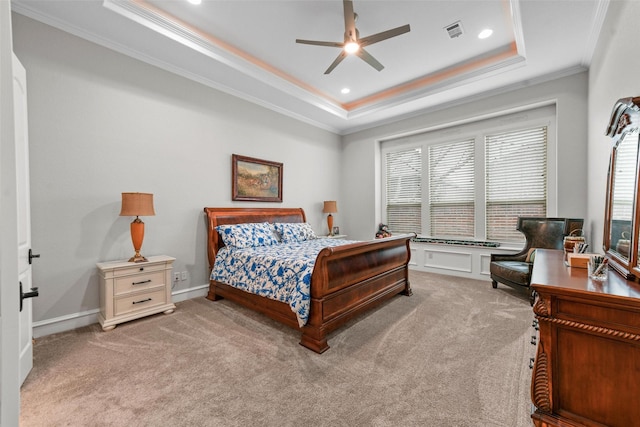 5061 Copperglen Cir, Colleyville, TX 76034 - carpeted bedroom with ornamental molding, a tray ceiling, recessed lighting, and a ceiling fan