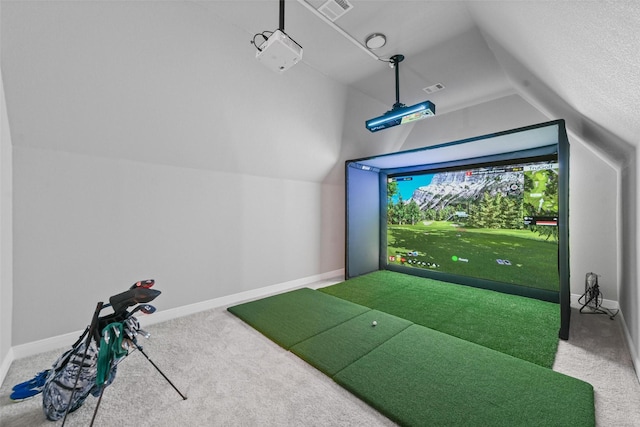 5061 Copperglen Cir, Colleyville, TX 76034 - game room featuring golf simulator, carpet, vaulted ceiling, and baseboards