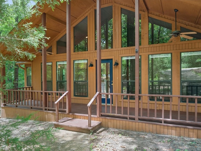 136 Lariat Loop, Holly Lake Ranch, TX 75765 - view of exterior entry featuring ceiling fan