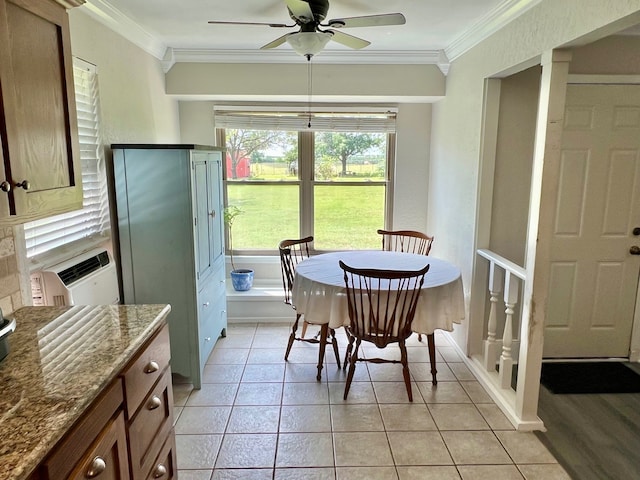 3377 W Moonlight Dr, Robinson, TX 76706 - dining room with ornamental molding, a ceiling fan, and light tile patterned floors