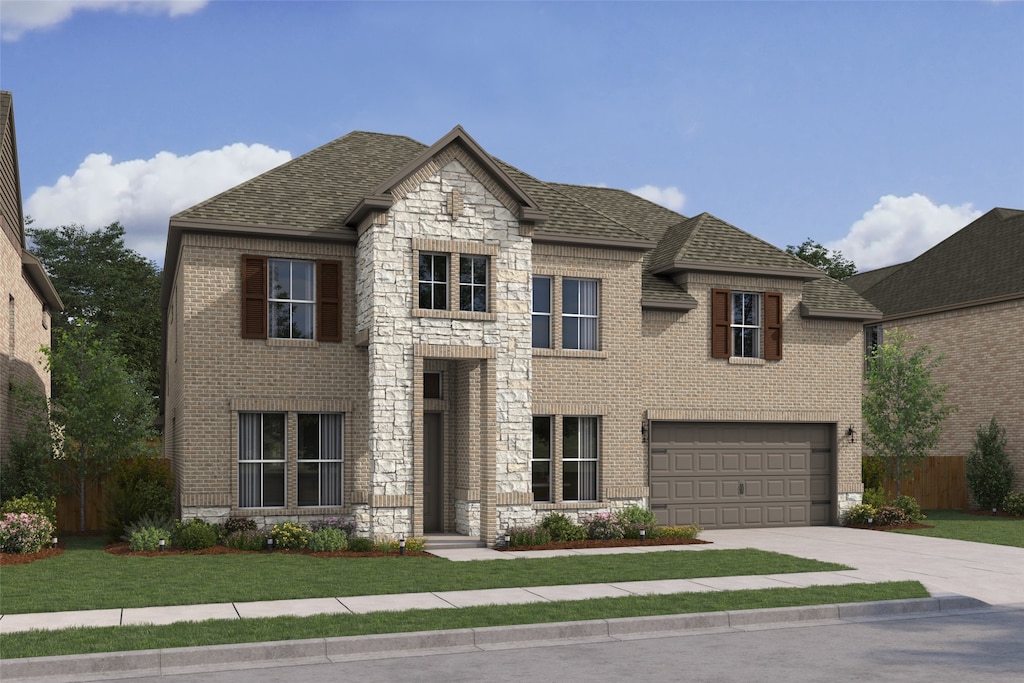 5656 Taylor Trl, Arlington, TX 76017 - french country inspired facade with driveway, brick siding, a garage, stone siding, and roof with shingles