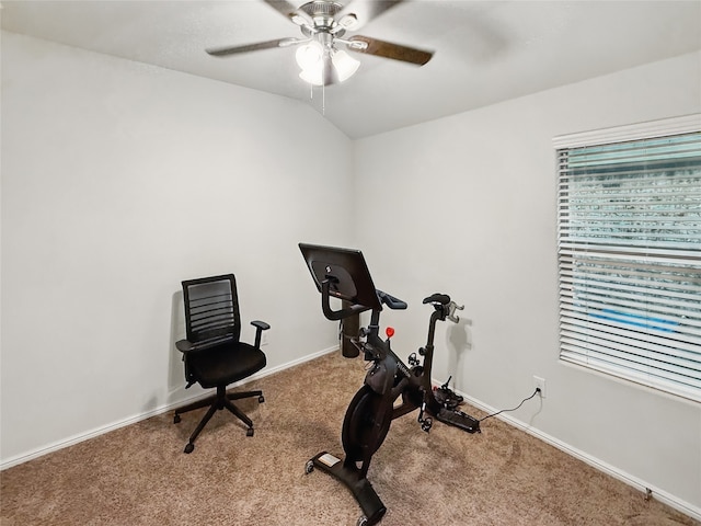 6920 Cruiser Ln, Fort Worth, TX 76179 - exercise area featuring carpet flooring, ceiling fan, vaulted ceiling, and baseboards
