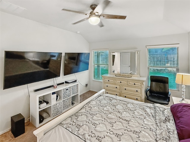 6920 Cruiser Ln, Fort Worth, TX 76179 - carpeted bedroom featuring vaulted ceiling, baseboards, and ceiling fan