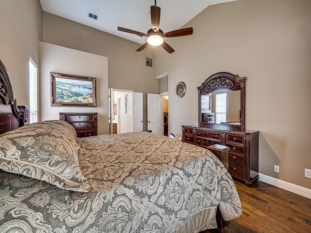 3968 Valez Dr, Carrollton, TX 75007 - bedroom with dark wood finished floors, baseboards, high vaulted ceiling, a ceiling fan, and ensuite bath