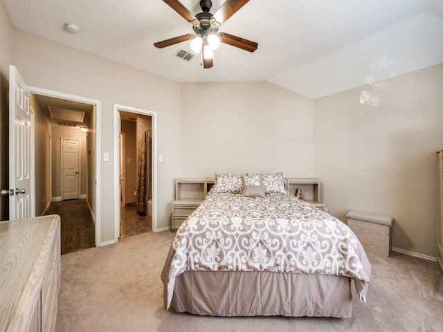 3968 Valez Dr, Carrollton, TX 75007 - bedroom featuring attic access, light colored carpet, baseboards, ceiling fan, and lofted ceiling