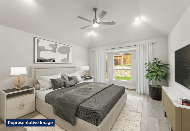 5212 Deep Creek Dr, Fort Worth, TX 76179 - bedroom with vaulted ceiling, light wood-type flooring, ceiling fan, and recessed lighting