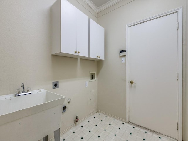 2614 Tourette Ct, Mckinney, TX 75070 - washroom with cabinet space, crown molding, gas dryer hookup, washer hookup, and baseboards