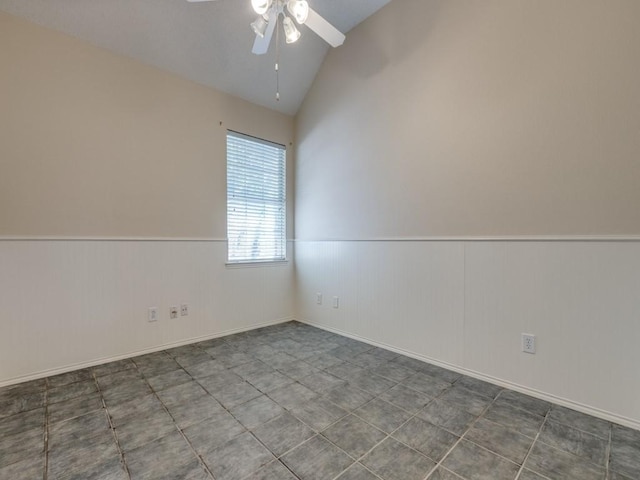 2614 Tourette Ct, Mckinney, TX 75070 - spare room with wainscoting, vaulted ceiling, and ceiling fan
