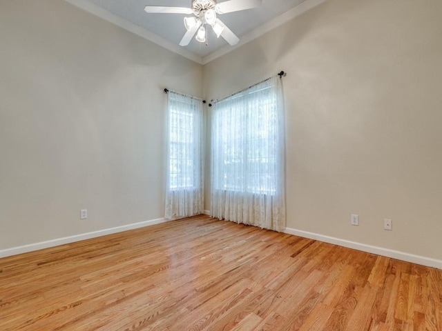 2614 Tourette Ct, Mckinney, TX 75070 - empty room featuring light wood-type flooring, ceiling fan, baseboards, and ornamental molding