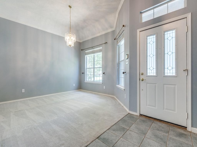 2614 Tourette Ct, Mckinney, TX 75070 - entrance foyer featuring a chandelier, baseboards, carpet flooring, tile patterned floors, and ornamental molding