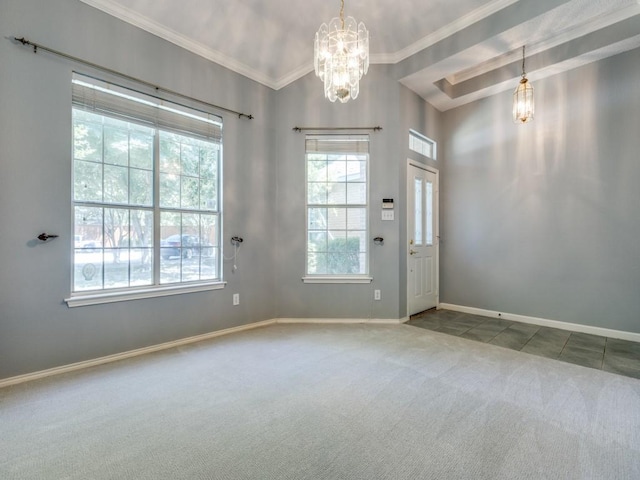 2614 Tourette Ct, Mckinney, TX 75070 - empty room featuring a chandelier, carpet flooring, baseboards, and crown molding