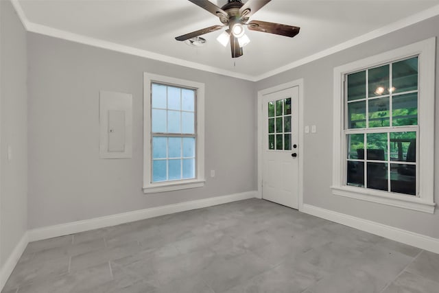 1316 Elm St, Bonham, TX 75418 - empty room featuring electric panel, crown molding, ceiling fan, and baseboards