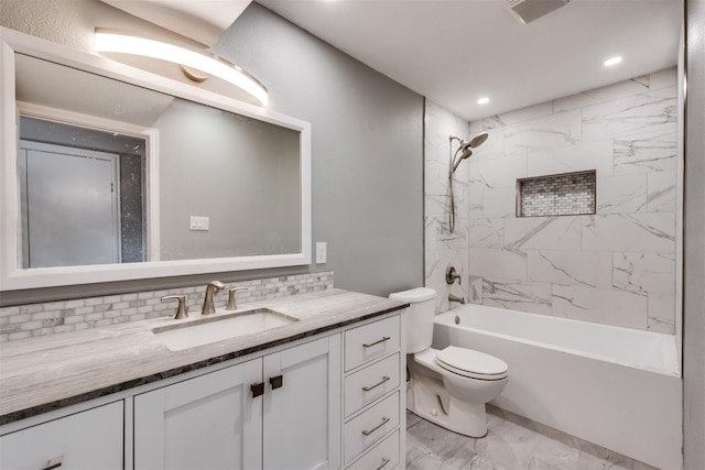 4205 Longstraw Dr, Fort Worth, TX 76137 - full bathroom with vanity, marble look tiles, decorative backsplash, shower / washtub combination, and recessed lighting