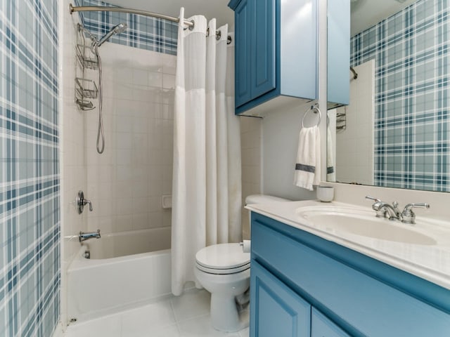 2270 Magic Mantle Dr, Lewisville, TX 75056 - bathroom featuring shower / tub combo with curtain, vanity, toilet, tile patterned flooring, and wallpapered walls