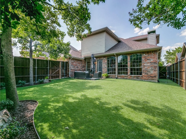 2270 Magic Mantle Dr, Lewisville, TX 75056 - rear view of house featuring brick siding, a chimney, central AC unit, and a shingled roof