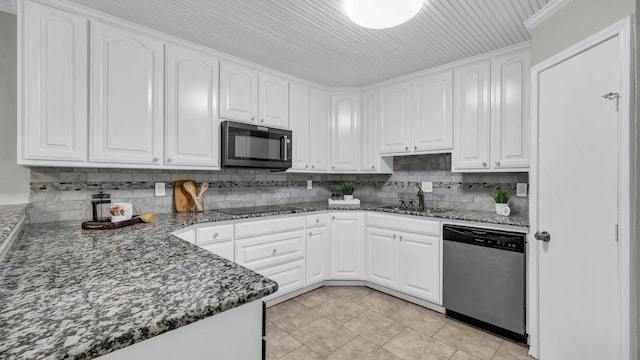 104 Shadowoak Ct, Burleson, TX 76028 - kitchen with black appliances, a sink, white cabinetry, and dark stone counters