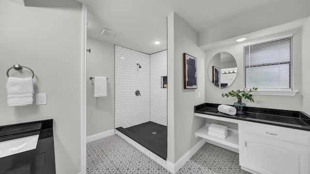 104 Shadowoak Ct, Burleson, TX 76028 - bathroom with vanity, baseboards, walk in shower, tile patterned floors, and recessed lighting