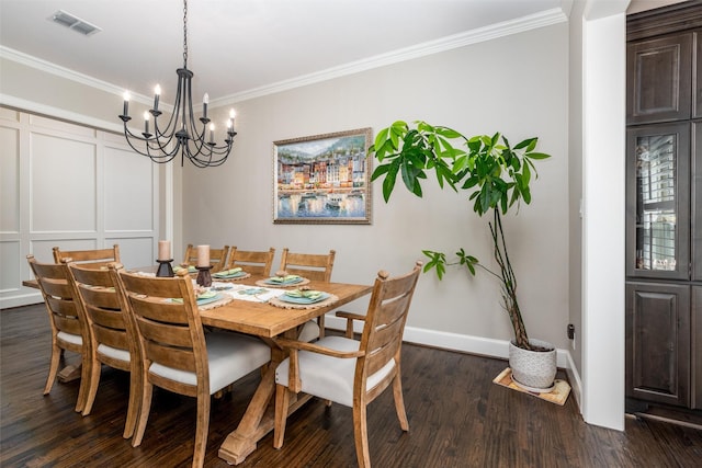 321 Hitch Wagon Dr, Mckinney, TX 75071 - dining area featuring ornamental molding, a chandelier, dark wood-type flooring, and baseboards